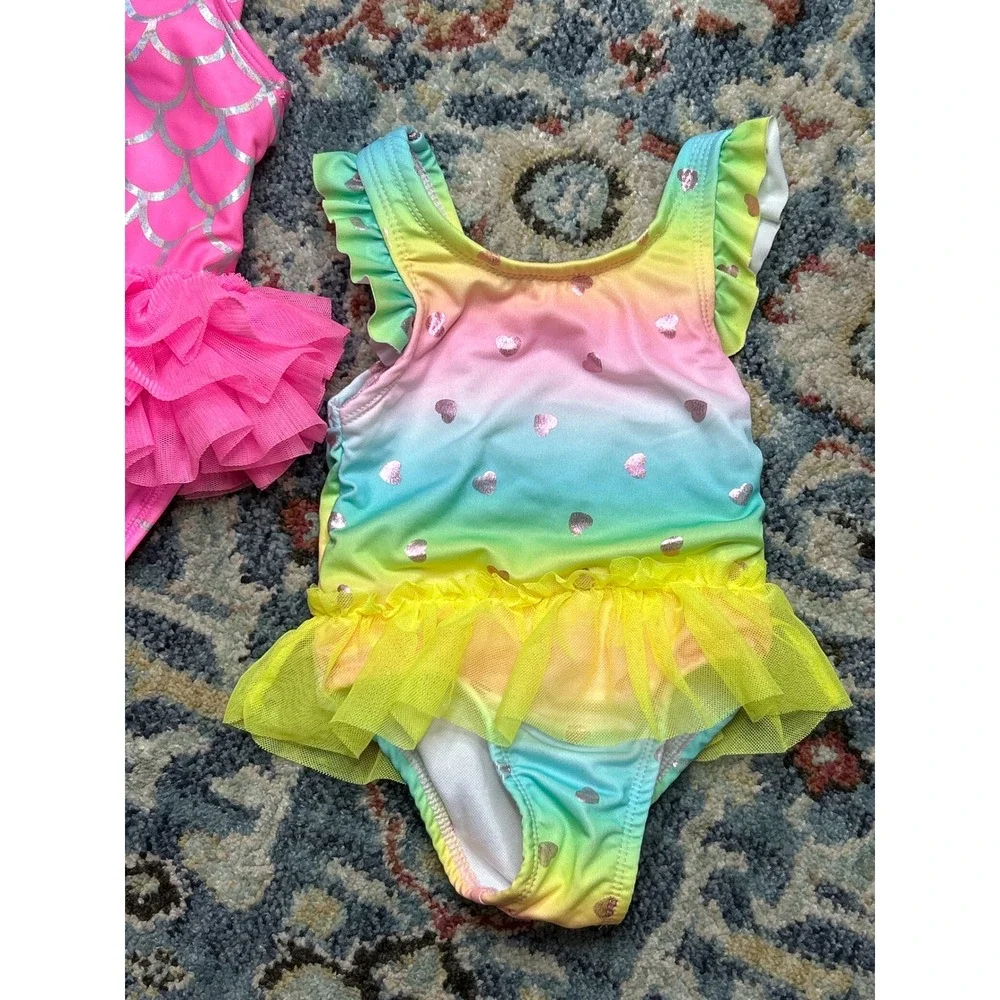 Cat & Jack Penelope Mack‎ Swimsuit Bundle Girls 18M Pink Rainbow Mermaid EUC